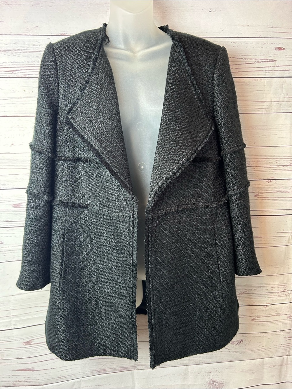 LOFT Black Textured Jacket with Frayed Trim